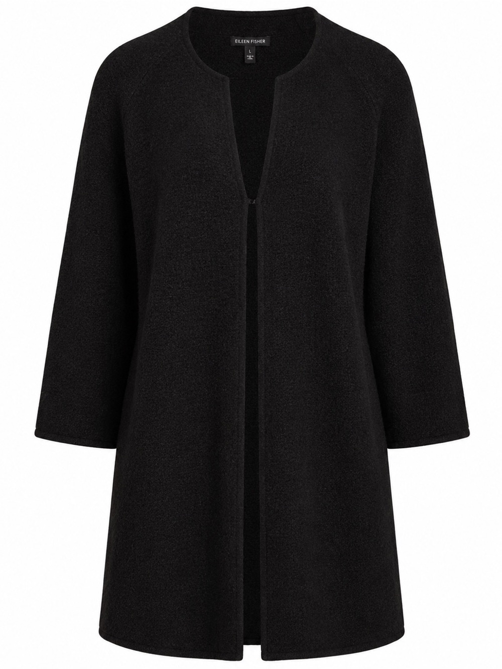 Eileen Fisher Black Boiled Wool Long Cardigan Jacket Large Open Front Minimalist